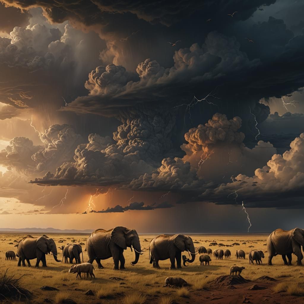 African Wildlife Gathering Before Storm, Cinematic Art