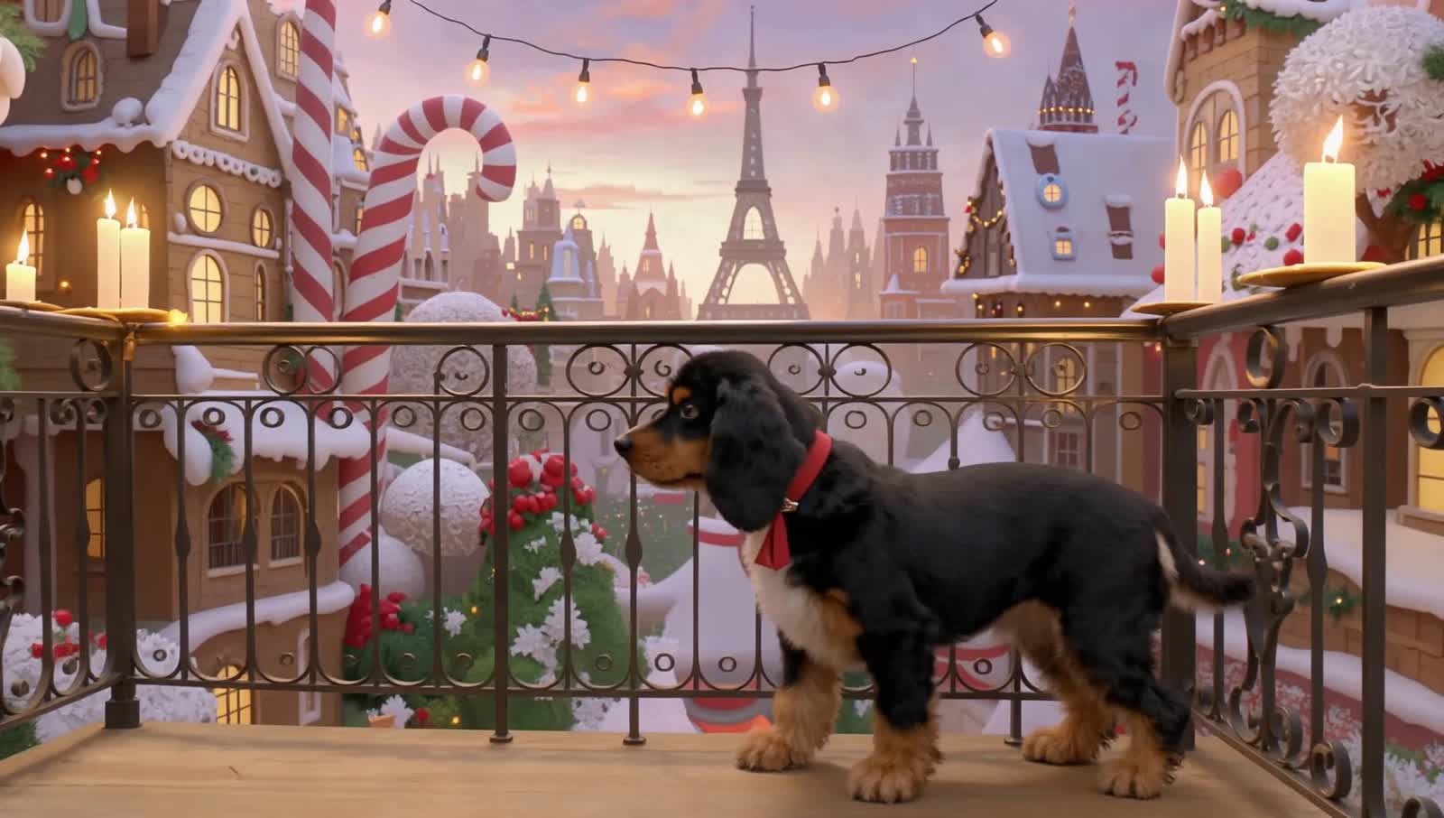 un cocker spaniel noir aux longues oreilles, vêtu d'un collier en ruban rouge, debout sur un balcon parisien en fer forg...