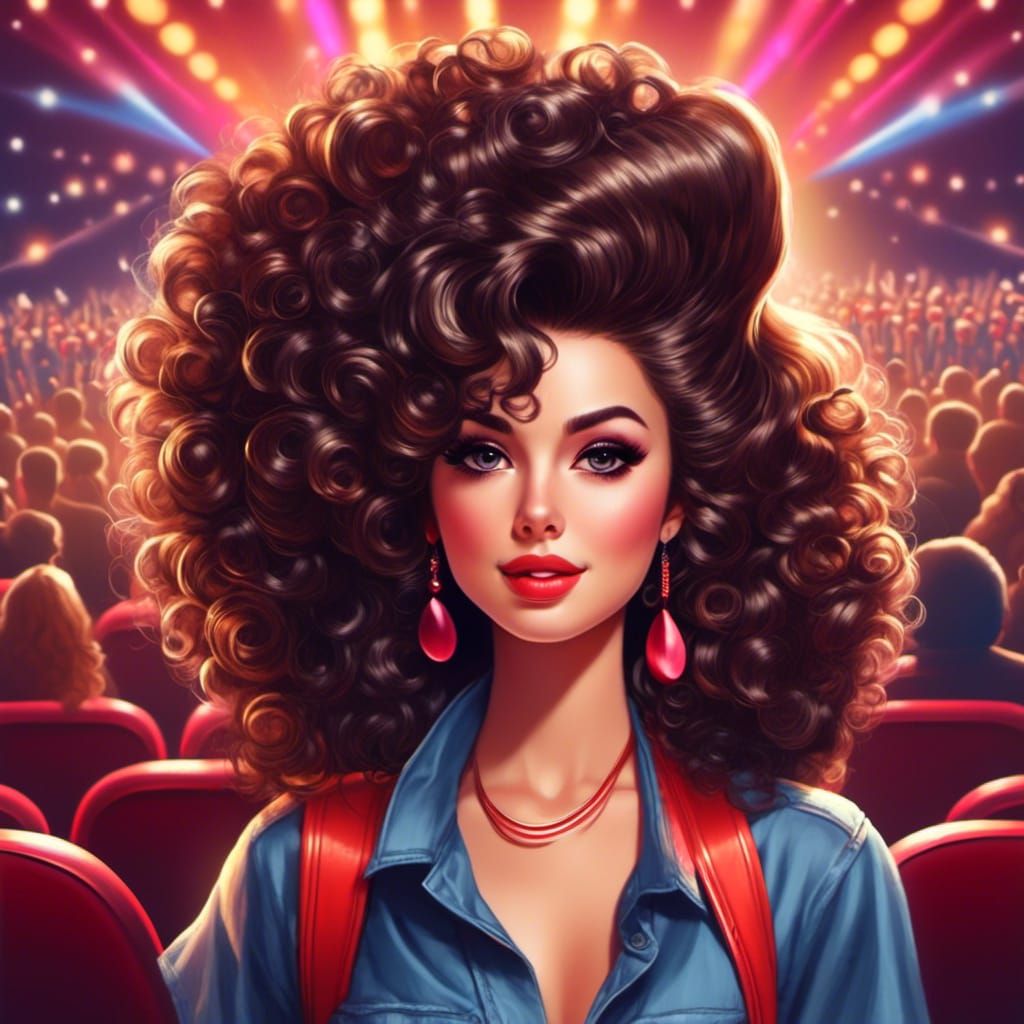  <lora:Eighties Big Hair:1.0> brunette girl with big hair going to a concert 
