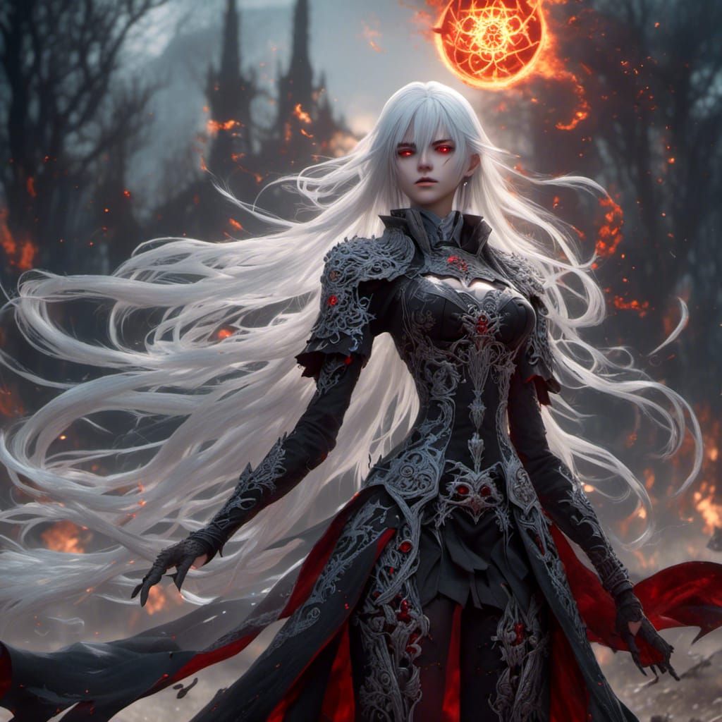 anime, mage girl, white hair, red eyes, uses a lot of magic, many magic  circles appear on her back, standing on the battlefield <lora:Ivoria... -  AI Generated Artwork - NightCafe Creator