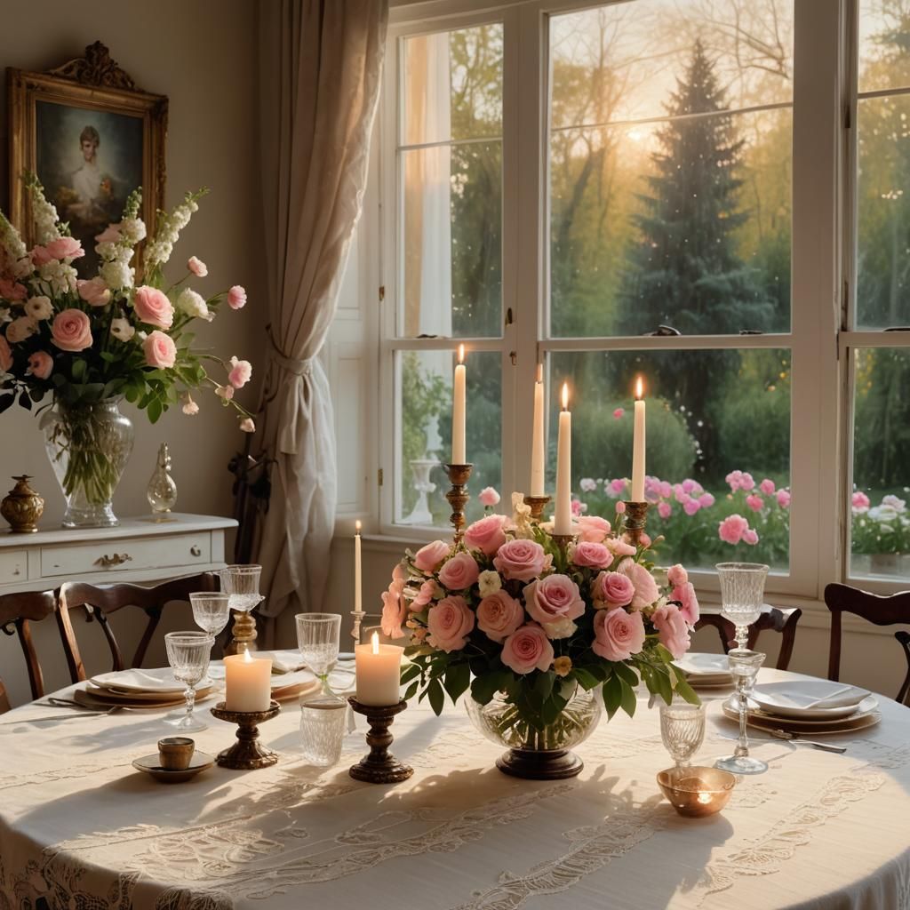 It's already evening. In the dining room there are large and...