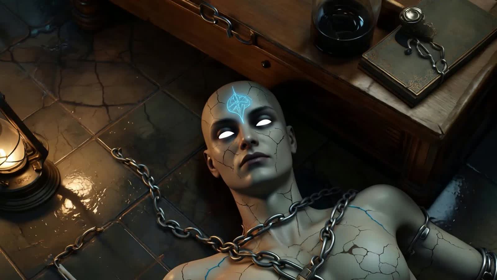 A close-up, unsettling portrait of a single Fantasy Patient in a damp, tiled observation cell. The patient has porcelain...