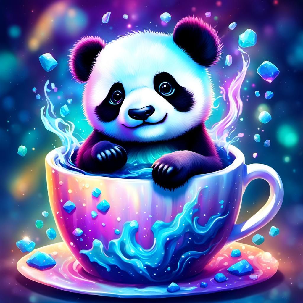 Adorable baby panda taking a bath in  a coffee cup