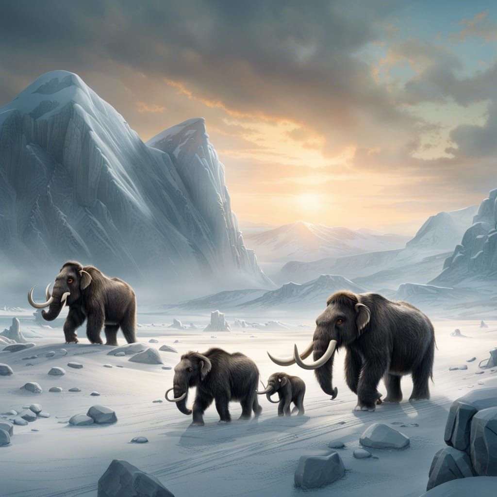 A family of mighty woolly mammoths traversing the vast wilderness of the icy tundra landscape during ...  by @BillyD