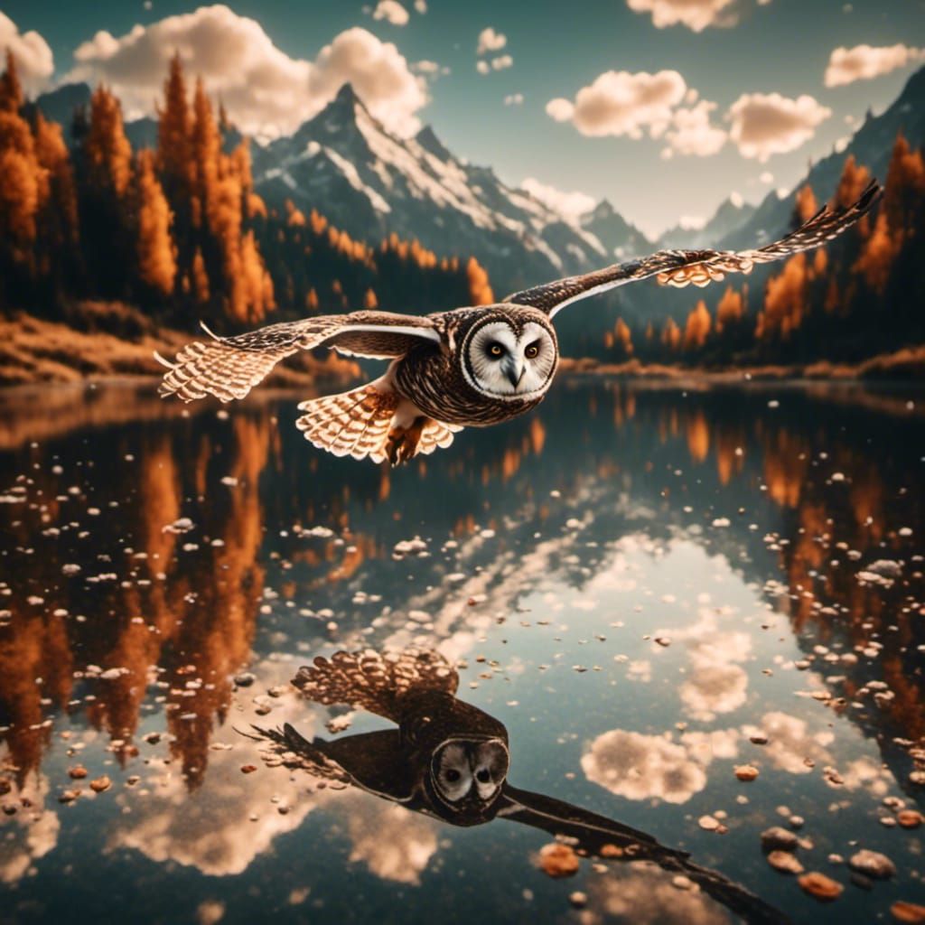 Owl flying across a river.   by @BeeTheArtCo