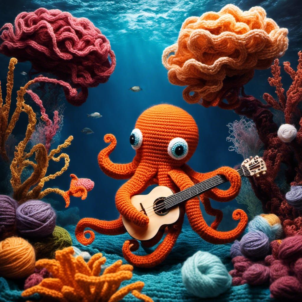 A beautifully crafted crochet underwater scene of a yarn octopuss playing guitar.   by @Alexy Galexy