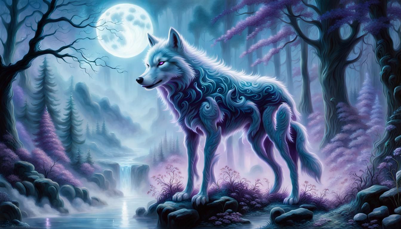 A ghostly wolf with purple bioluminescent fur and glowing white eyes ...