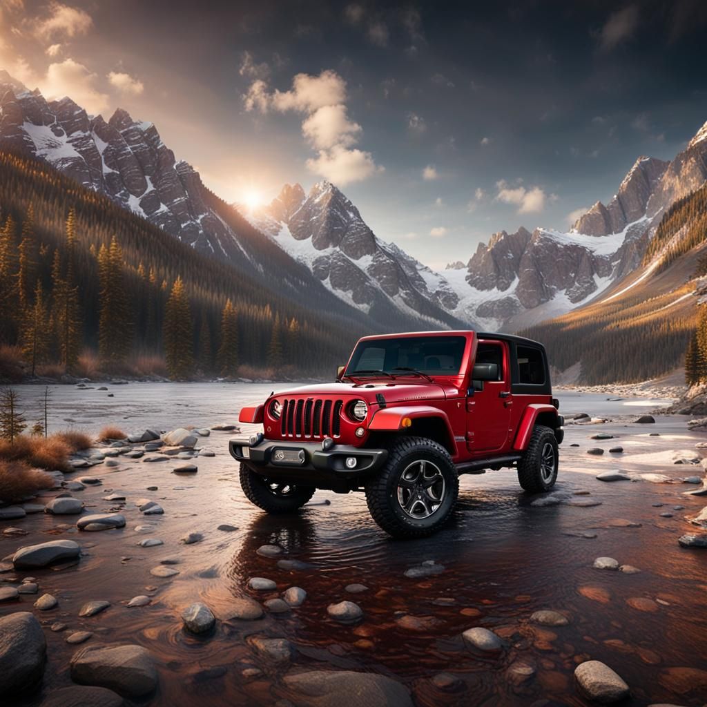 an iconic dark red colored Jeep Wrangler
