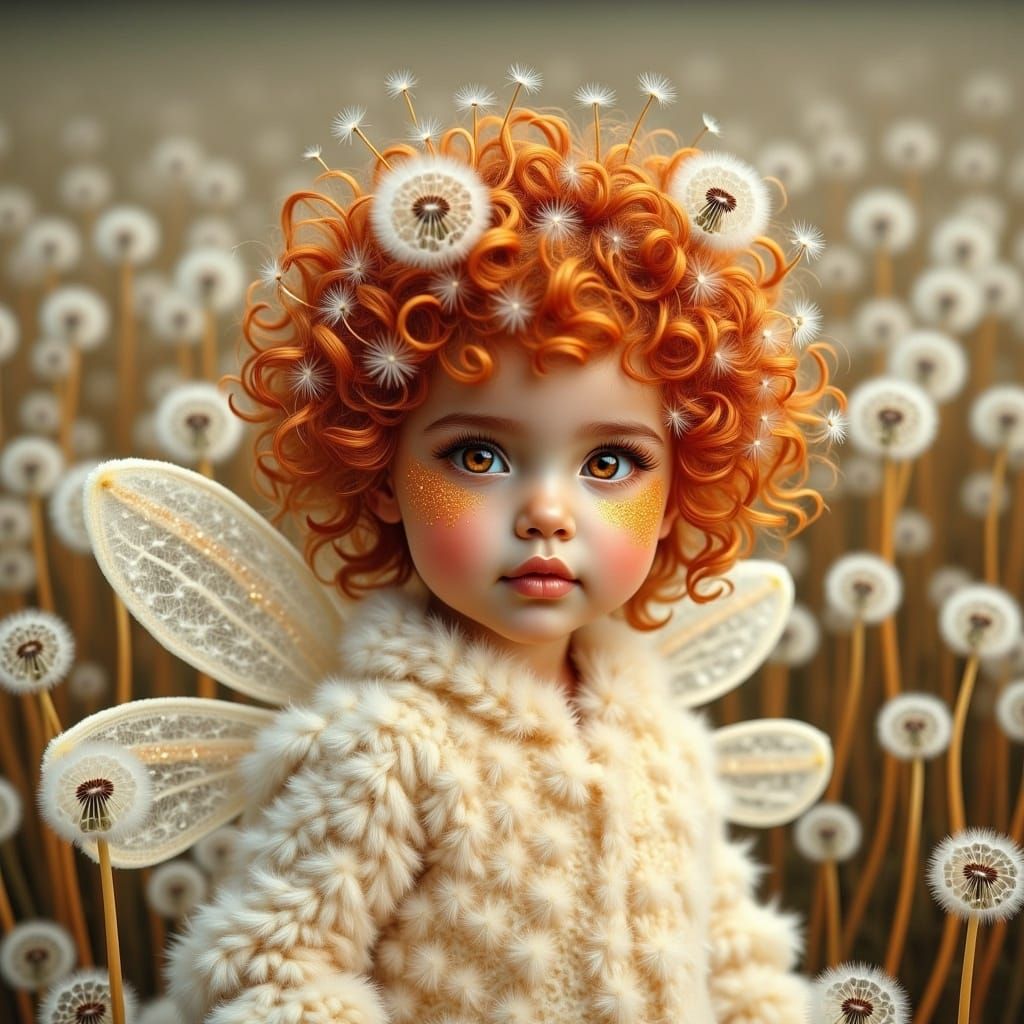 <lora:EtherealDandelion:1.0>A gorgeous ethereal Fairy toddler girl made entirely of Dandelion fuffs, with tan skin, perfect curls in red wit...