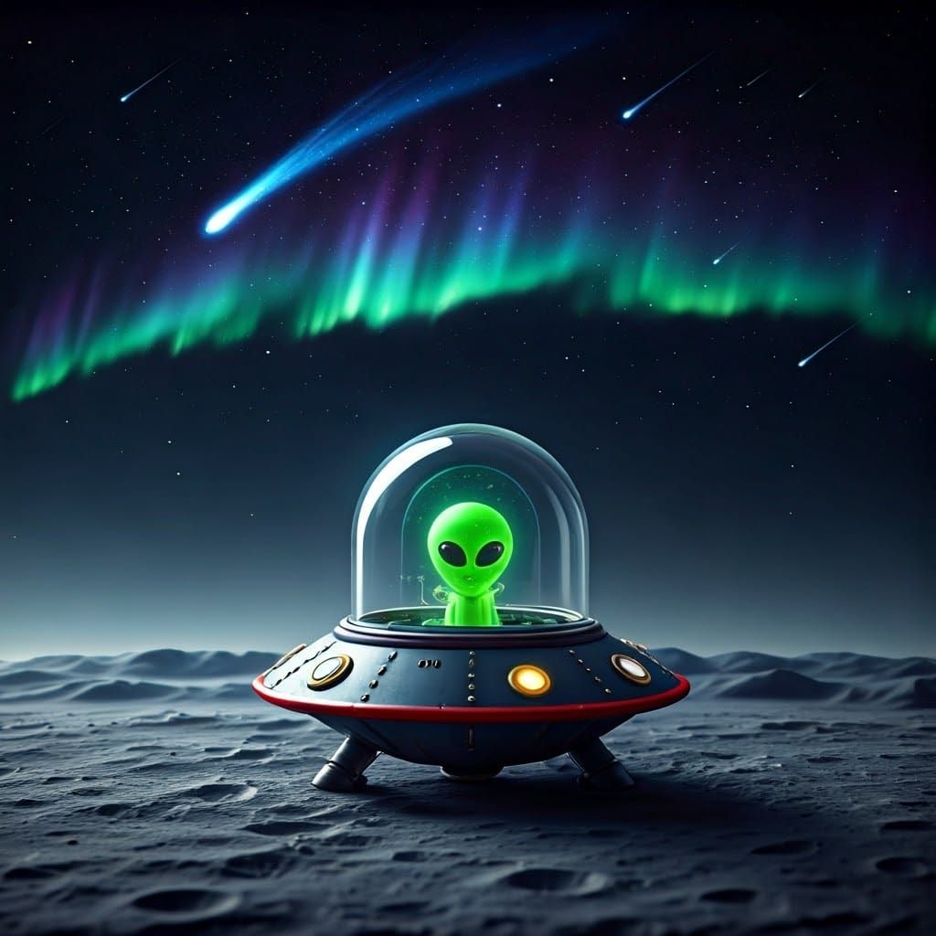 a miniature alien spaceship with glass cap with alien in it on the moon surface  by @ELY M