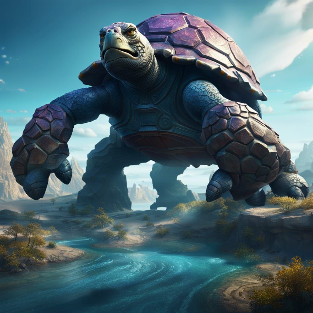golem tortue géante en pierre sur une planète de crystal