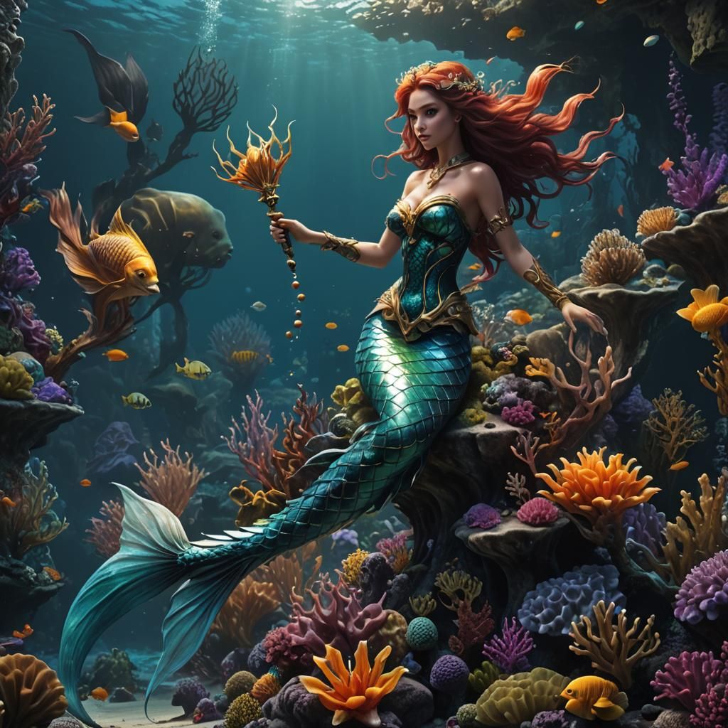 a mermaid holding an airbrush on the ocean floor.