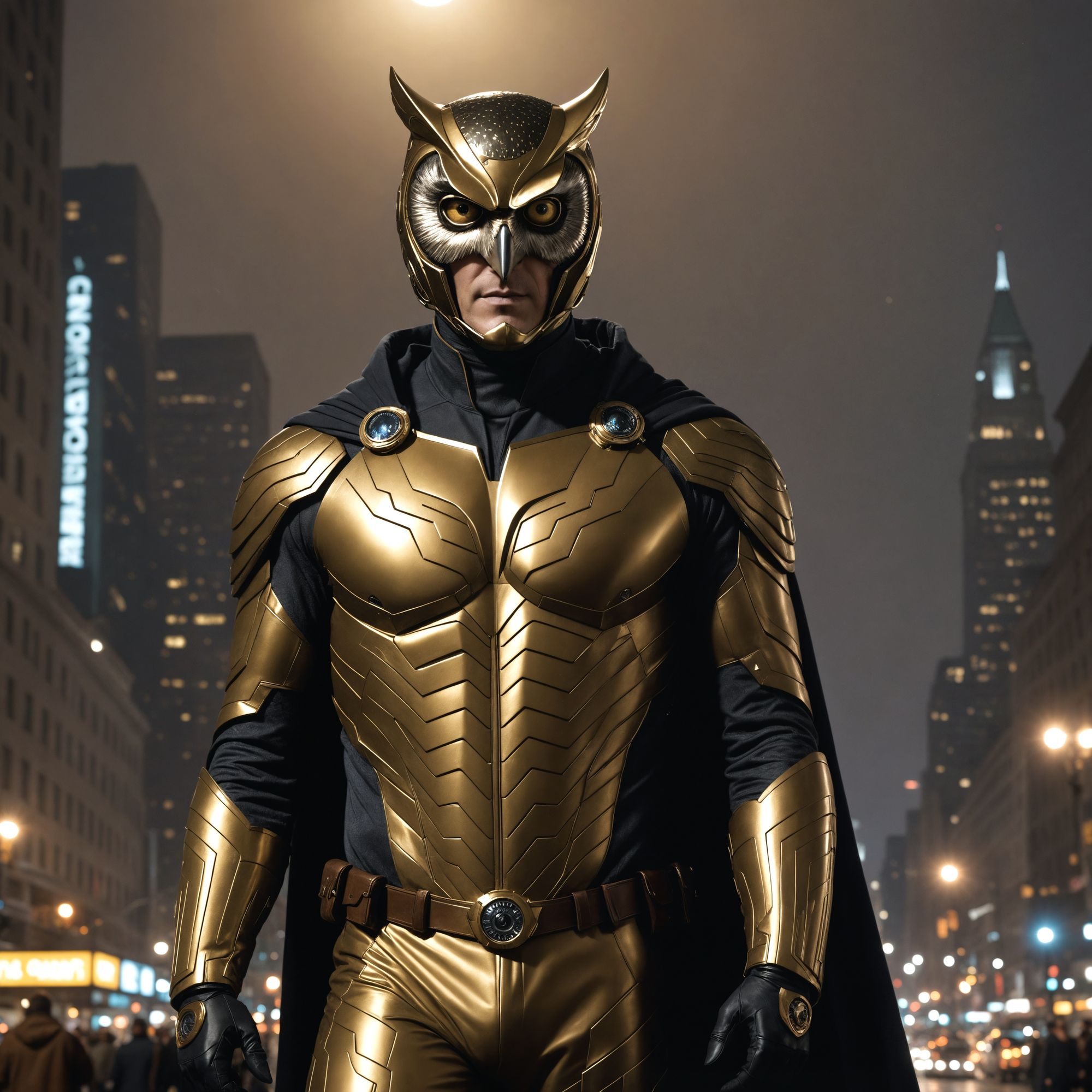 A very large photo of Actor Patrick Wilson as the Owl man  in D.C in the Watchman 2011 , Owl Superhero suit, golden brown, standing in NY.C...