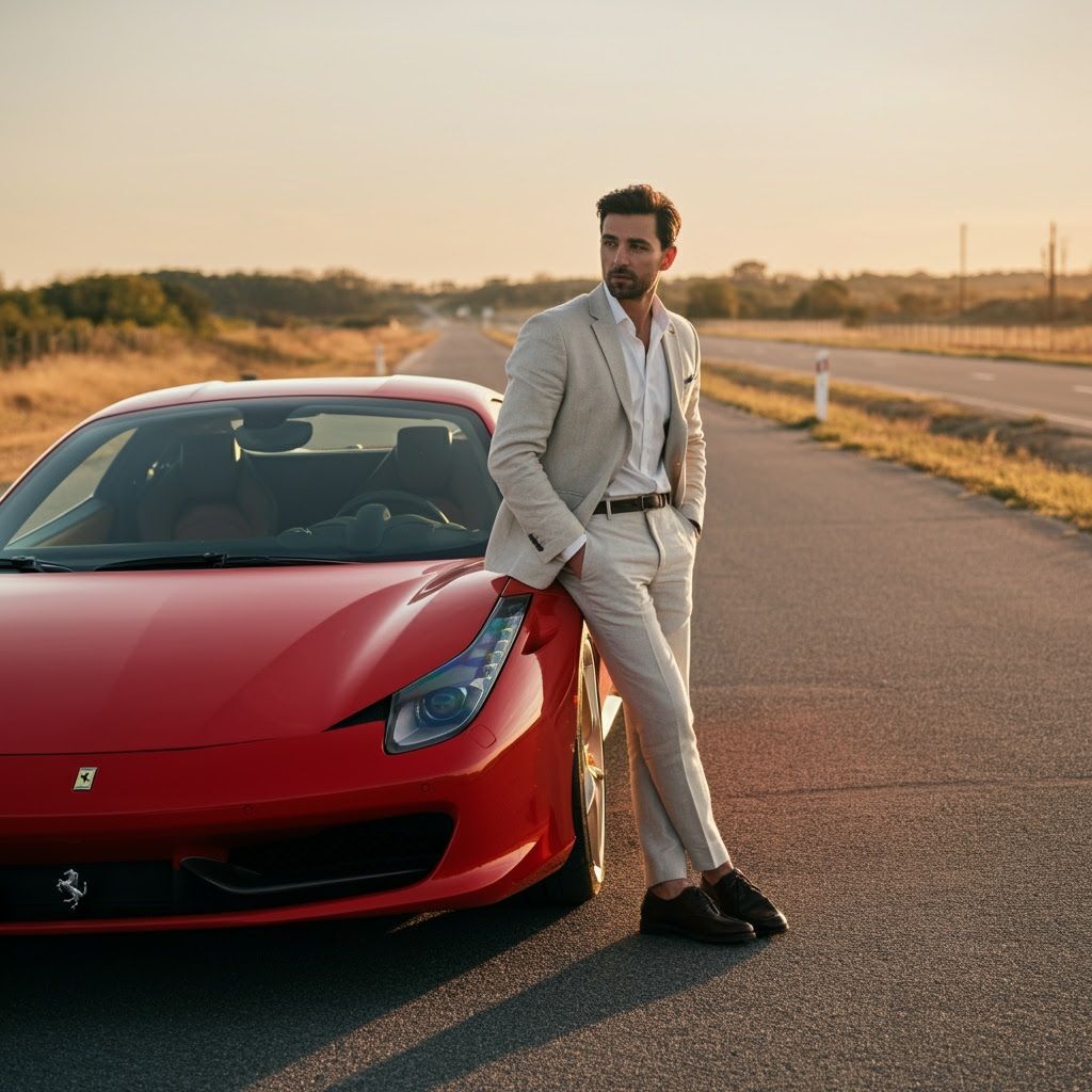 Man and Sleek Red Ferrari at Sunset