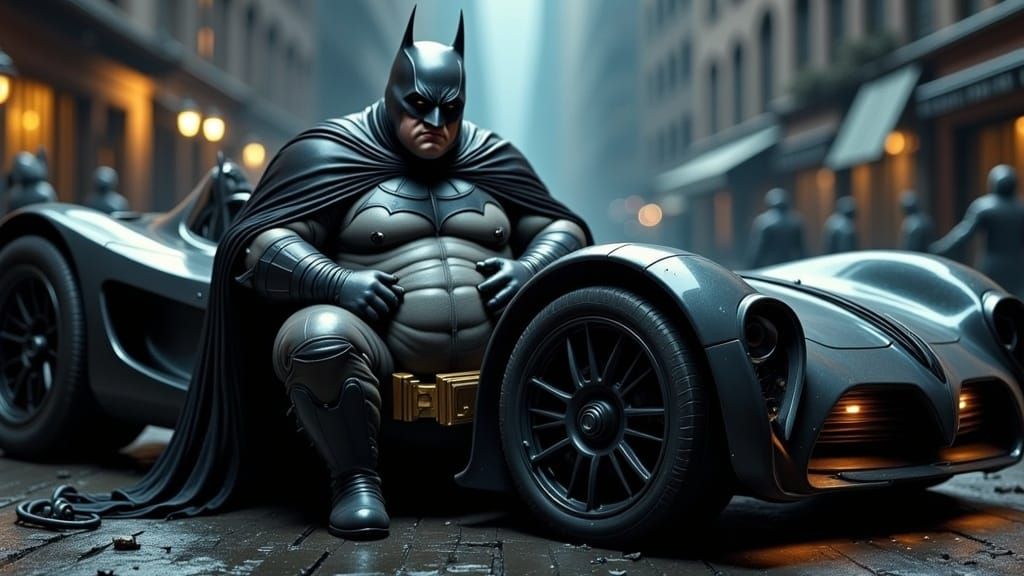 A very fat Batman trying to get into the Batmobile