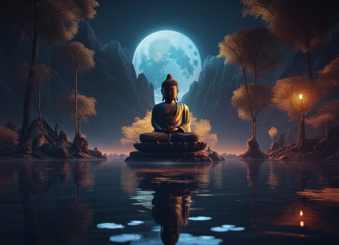 buddha and shadow in lake in moonlight