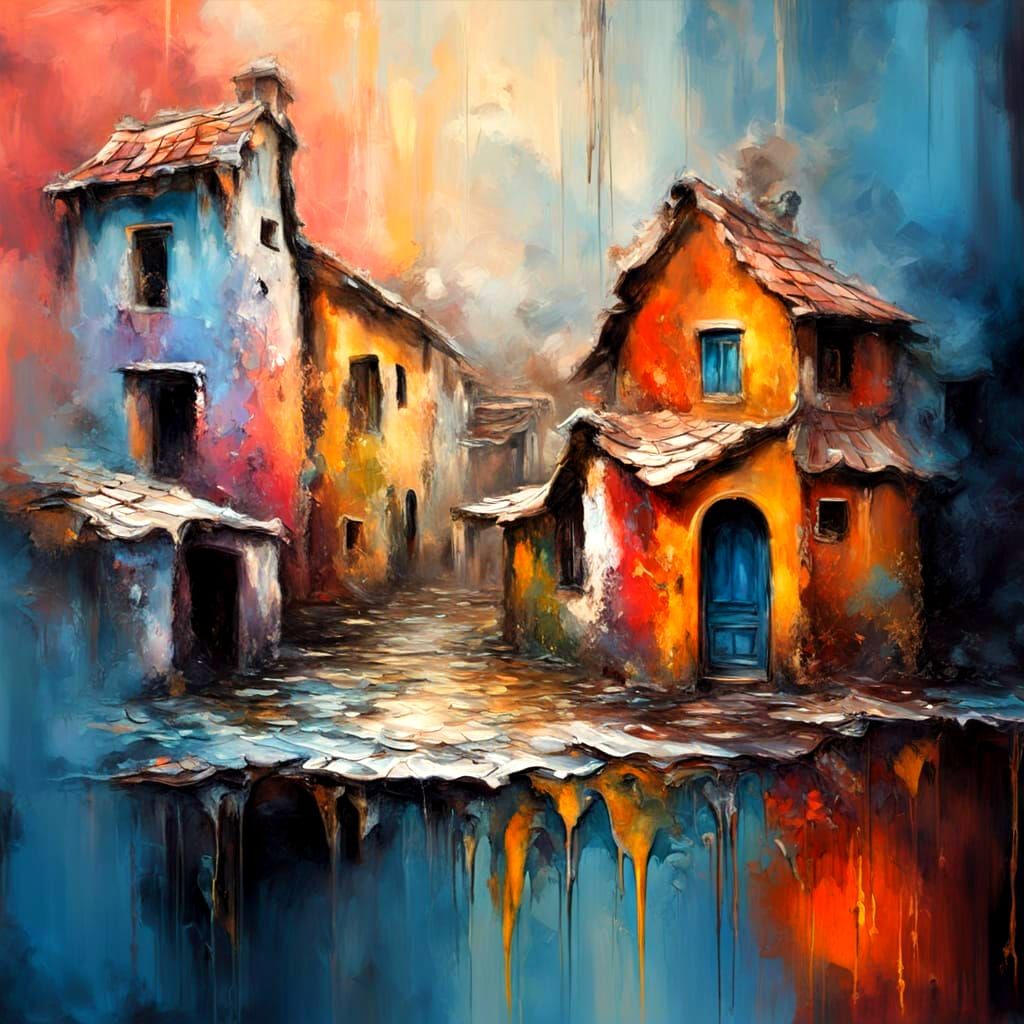 Nostalgic Village Painting with Dripping Colors