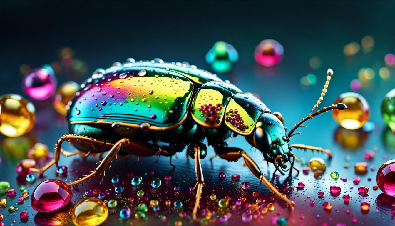 iridescent beetle, covered in drops of water, walking over multicolored jewels, Hyperrealistic, splash ...  by @ukimalefu