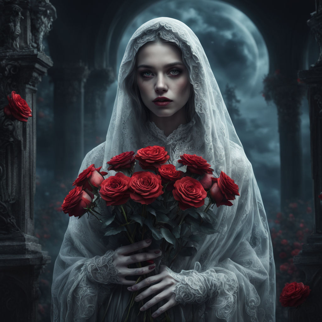 a beautiful girl ghost with red roses in her hand,