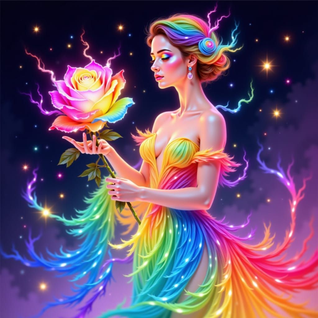 colorfull rainbow woman and colorfull rainbow rose of colorfull rainbow fire and colorfull rainbow fog . <lora:The Rainbow of Red:1.0>