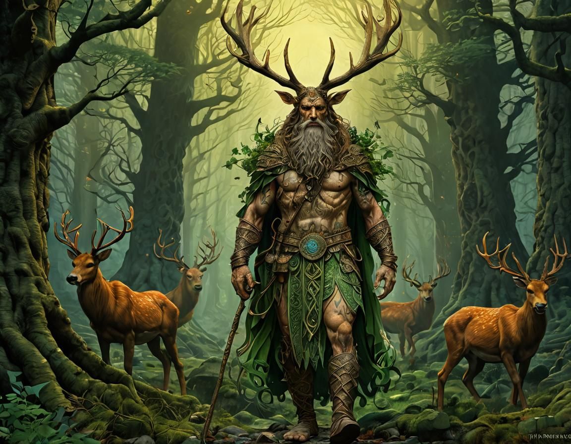 Cernunnos: celtic god  with intricately designed antlers walking through the forest full of animals and little fairies