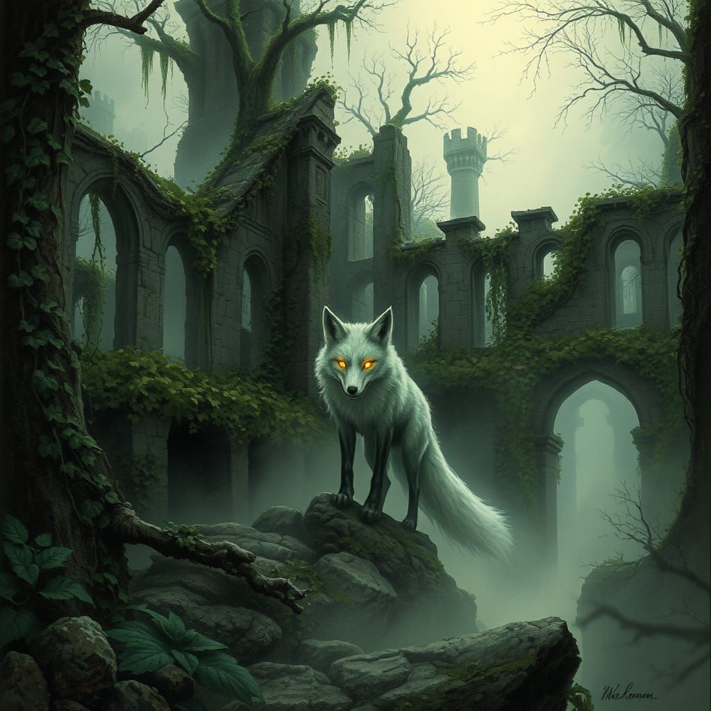 A spectral fox with glowing eyes emerges from the ruins of a forgotten, overgrown city. Vines and ancient trees reclaim crumbling stone stru...