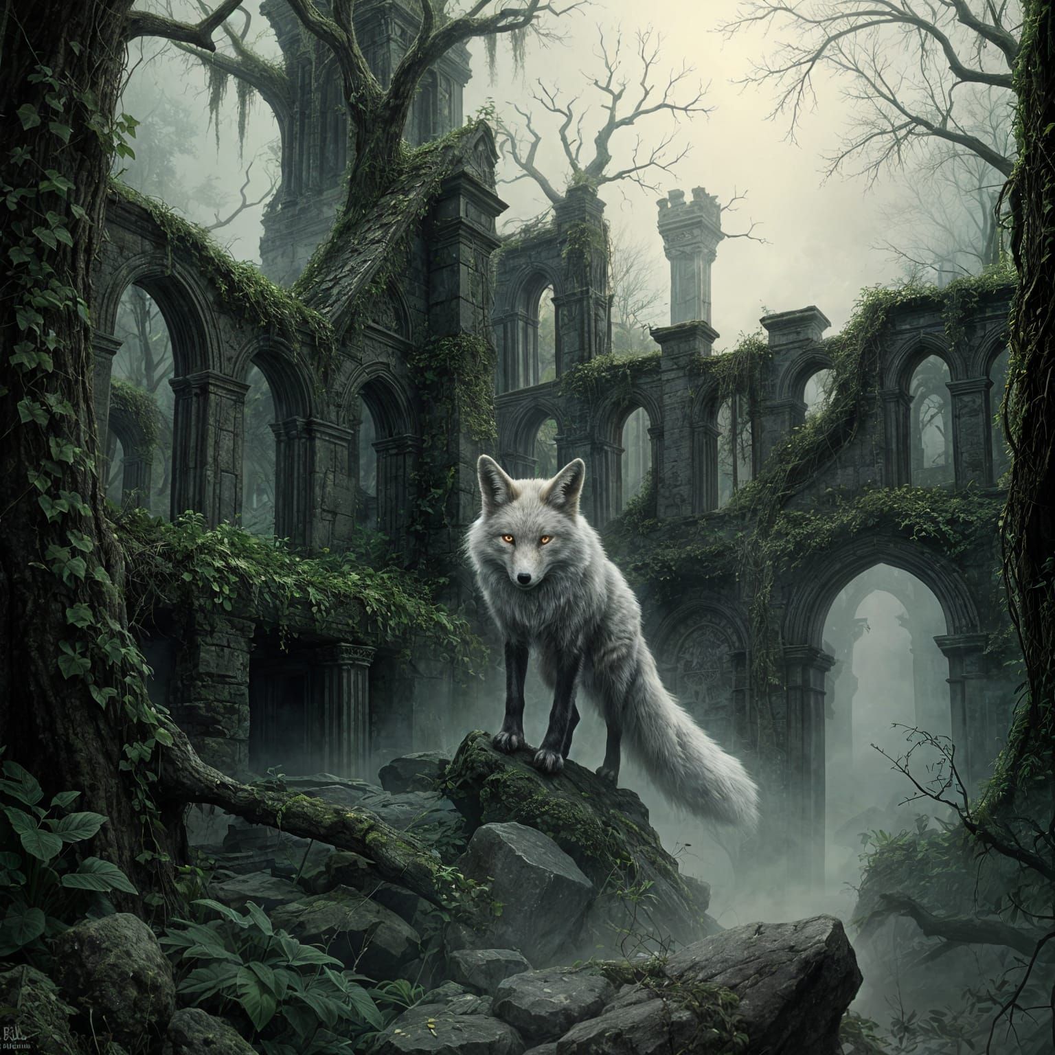 A spectral fox with glowing eyes emerges from the ruins of a forgotten, overgrown city. Vines and ancient ...  by @Daewen98