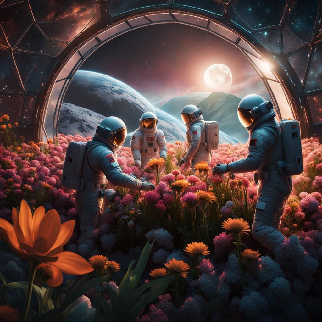 Astronauts tending to flowers within a geodesic dome - AI Generated ...