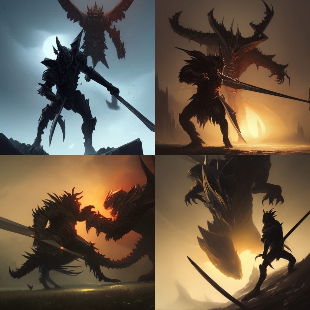 a black knight fighting a giant monster with scythe