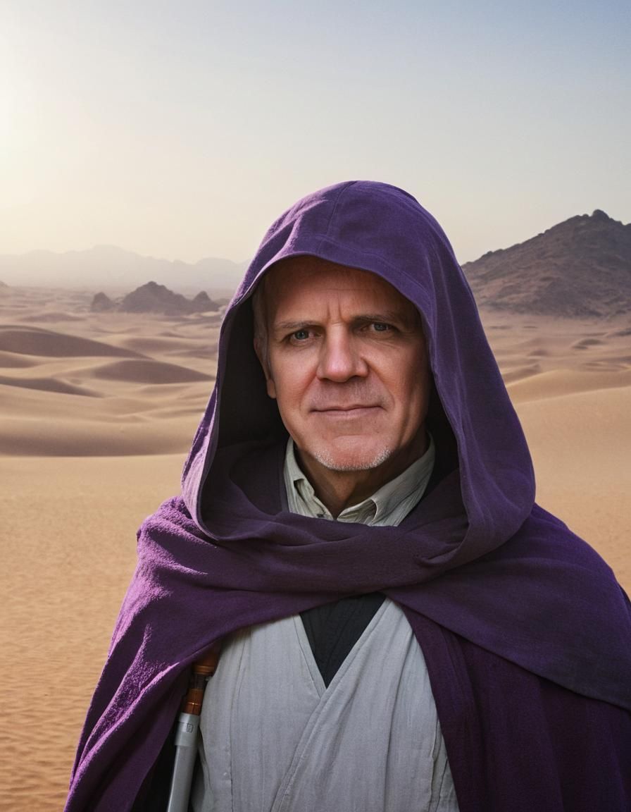 portrait of <Johann> as a a master jedi in star wars, Tatooine, posing with purple saber, wearing a jedi cloak hood, hyper realistic stills...
