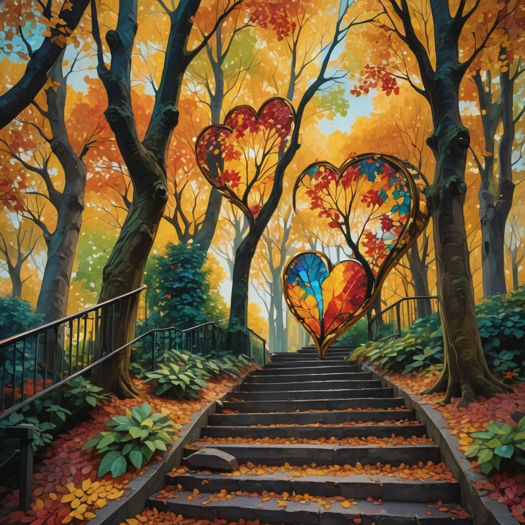 Vibrant Abstract Landscape with Heart-Shaped Trees