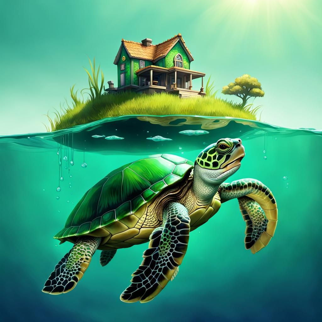 Giant Turtle with House Swimming in Jellyfish Sea