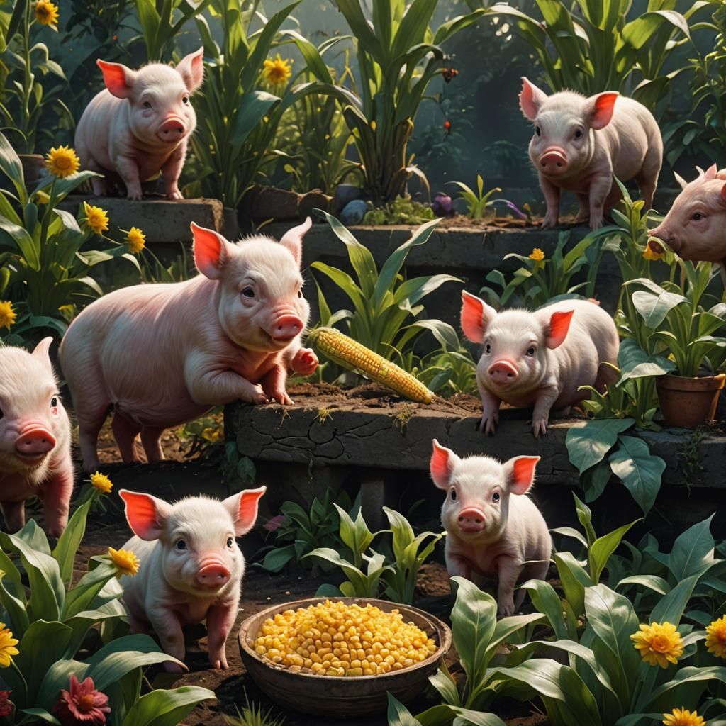 piglet eating corn in the garden