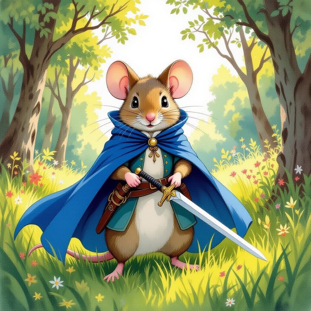Mouse Knight in Forest, Gouache and Watercolor Style