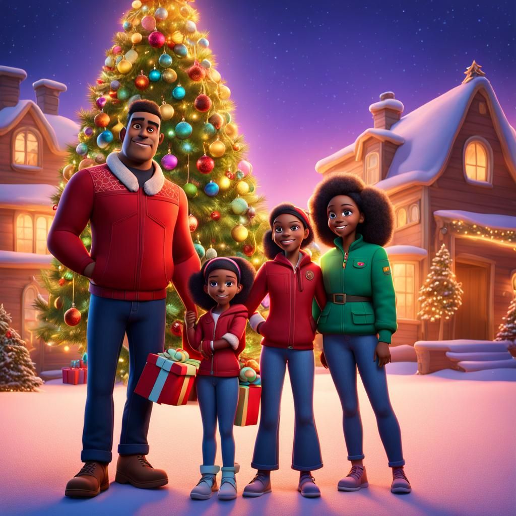 Family standing in front of a Christmas tree,Disney Pixar mo...