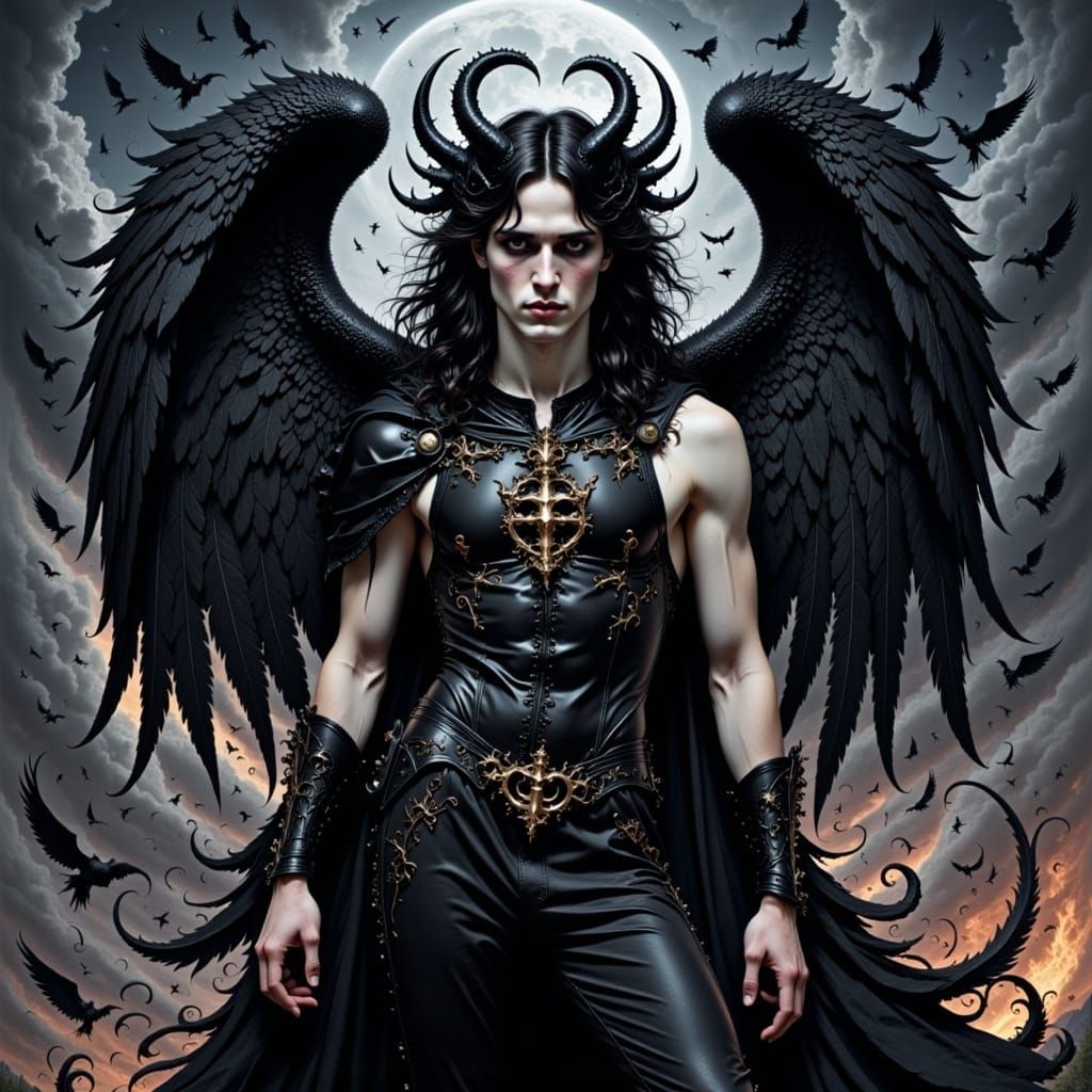 Hot gorgeous long-haired young male model fallen angel <lora:PortraitsInPurgatory:1.0>