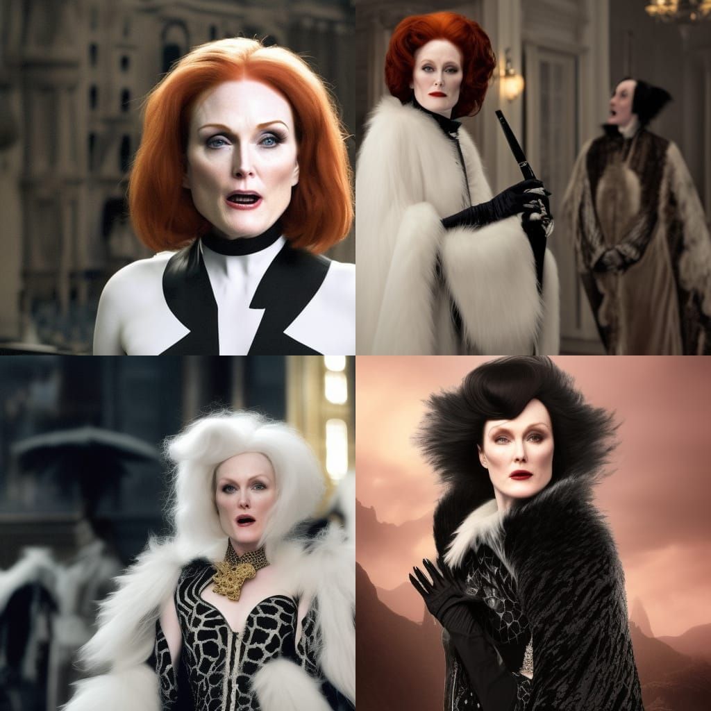 Julianne Moore As Cruella de vil with white and black hair