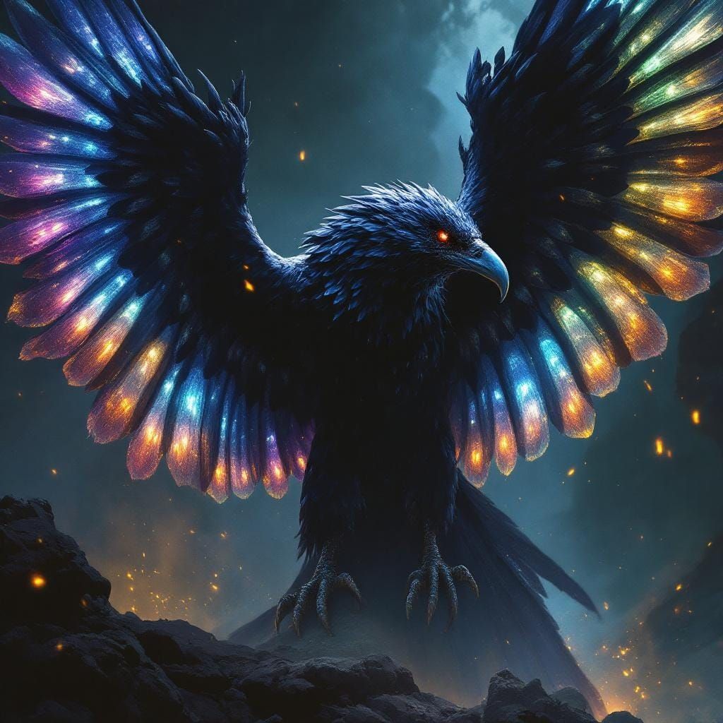 A black kea with a bioluminescent underside of its wings. The colours are bold. This is a giant version of the kea. Designed as an animal fr...