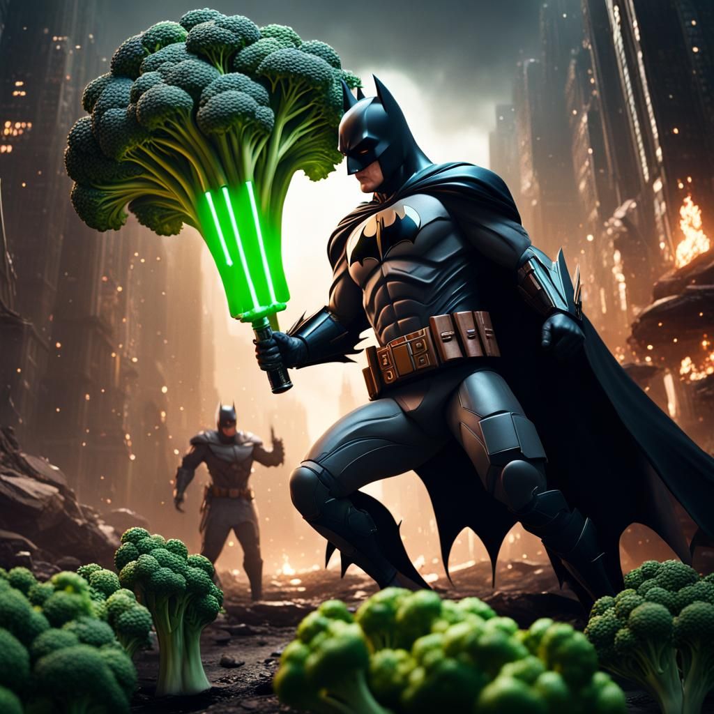 batman beating up a giant bit of broccoli with a lightsaber