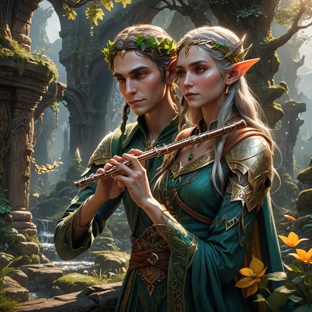 A beautiful elf playing a flute