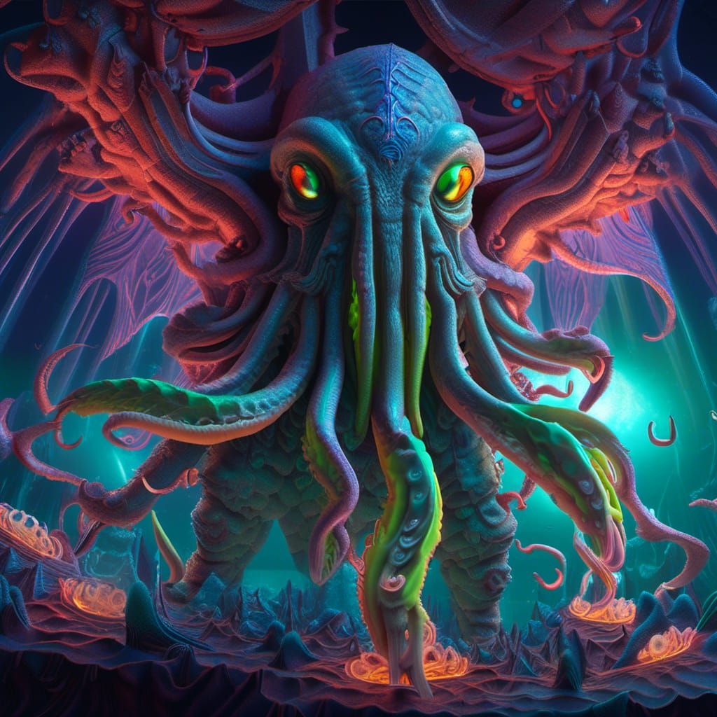 Cthulhu Mythos 🌩️ Pixar ⚡Ultra realism , Rough Neon, bioluminescent,Lovecraftian Reality , trending on artstation ,fantasy art,Rendered in...