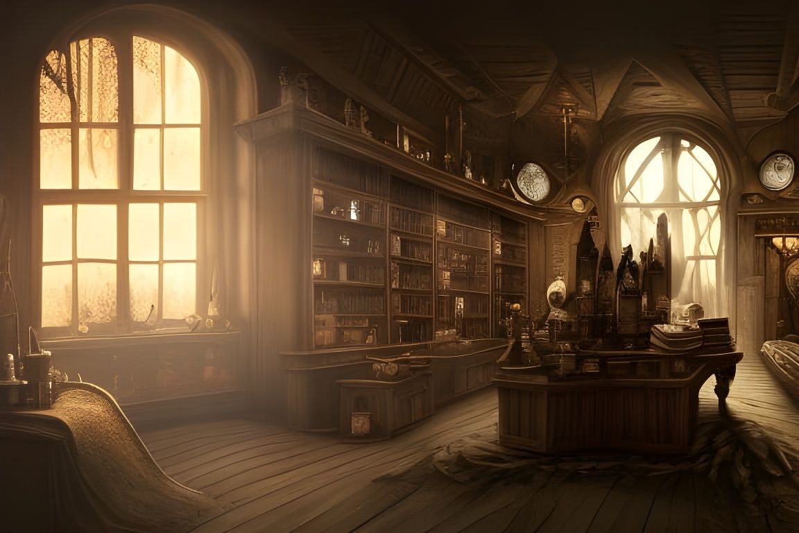 haunted apothecary, ghost shopkeeper, scary scene, terror, g...