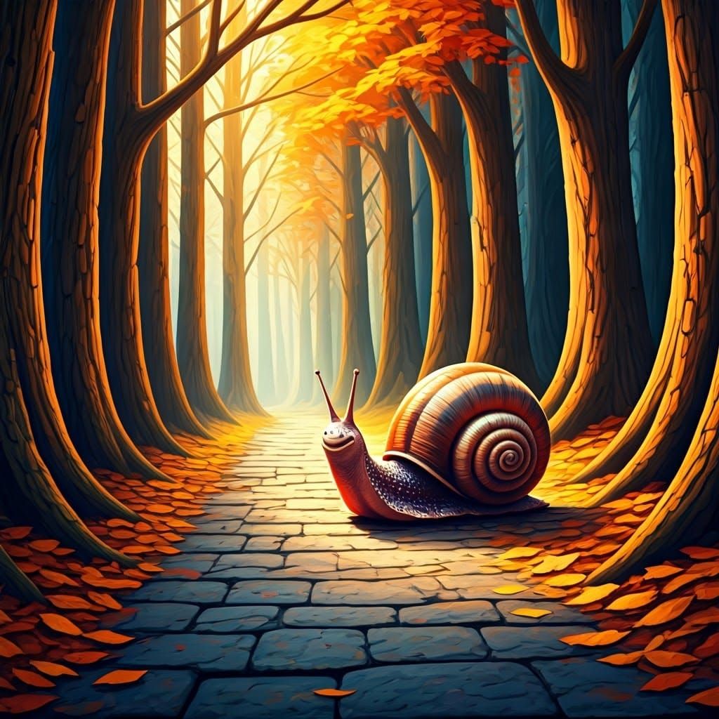 Giant Snails Stroll Through Autumn Landscape in Gouache Styl...