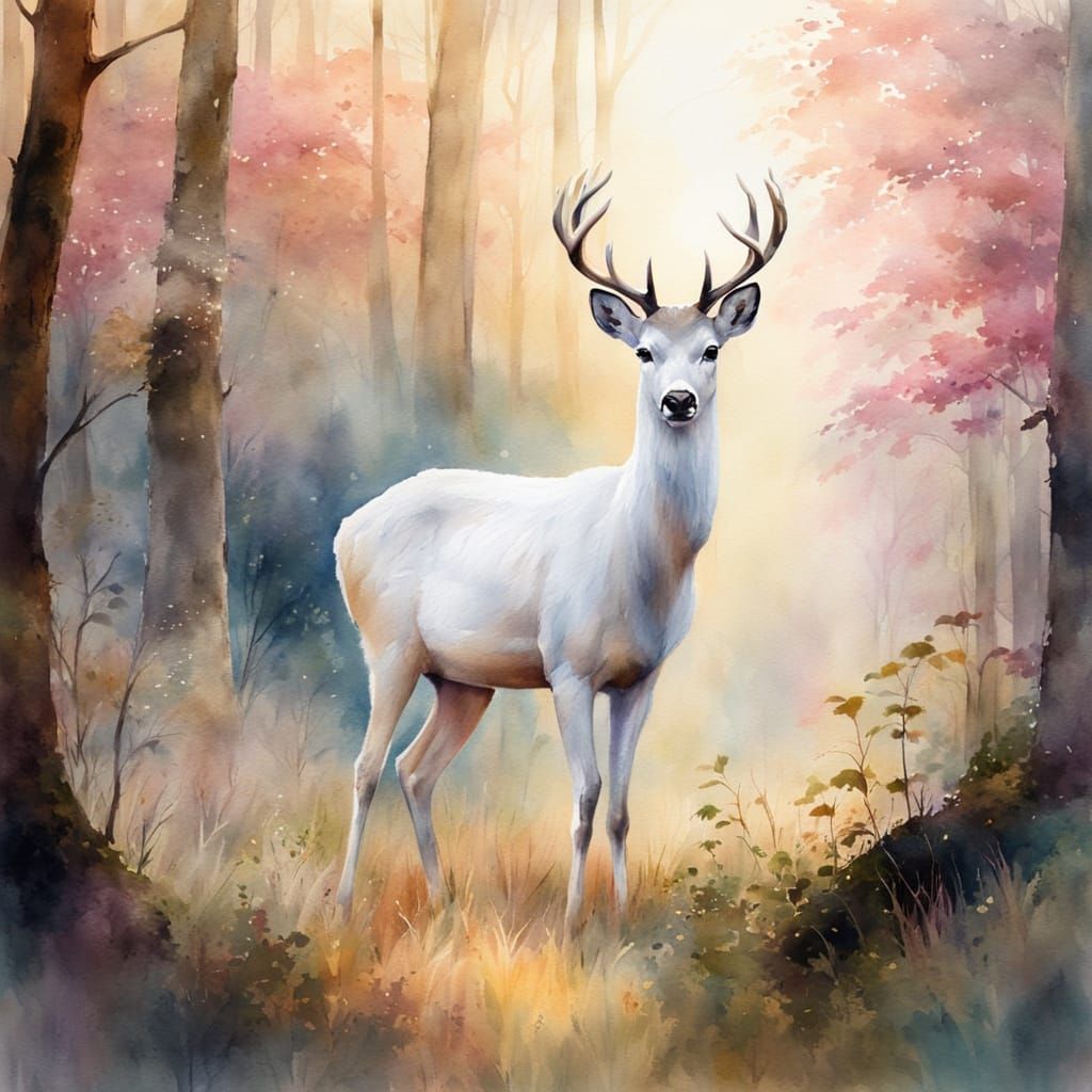 A watercolour painting of a white deer  by @Joseph
