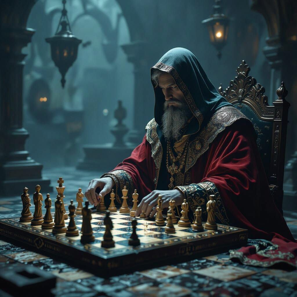 God playing chess with mankind being the chess pieces