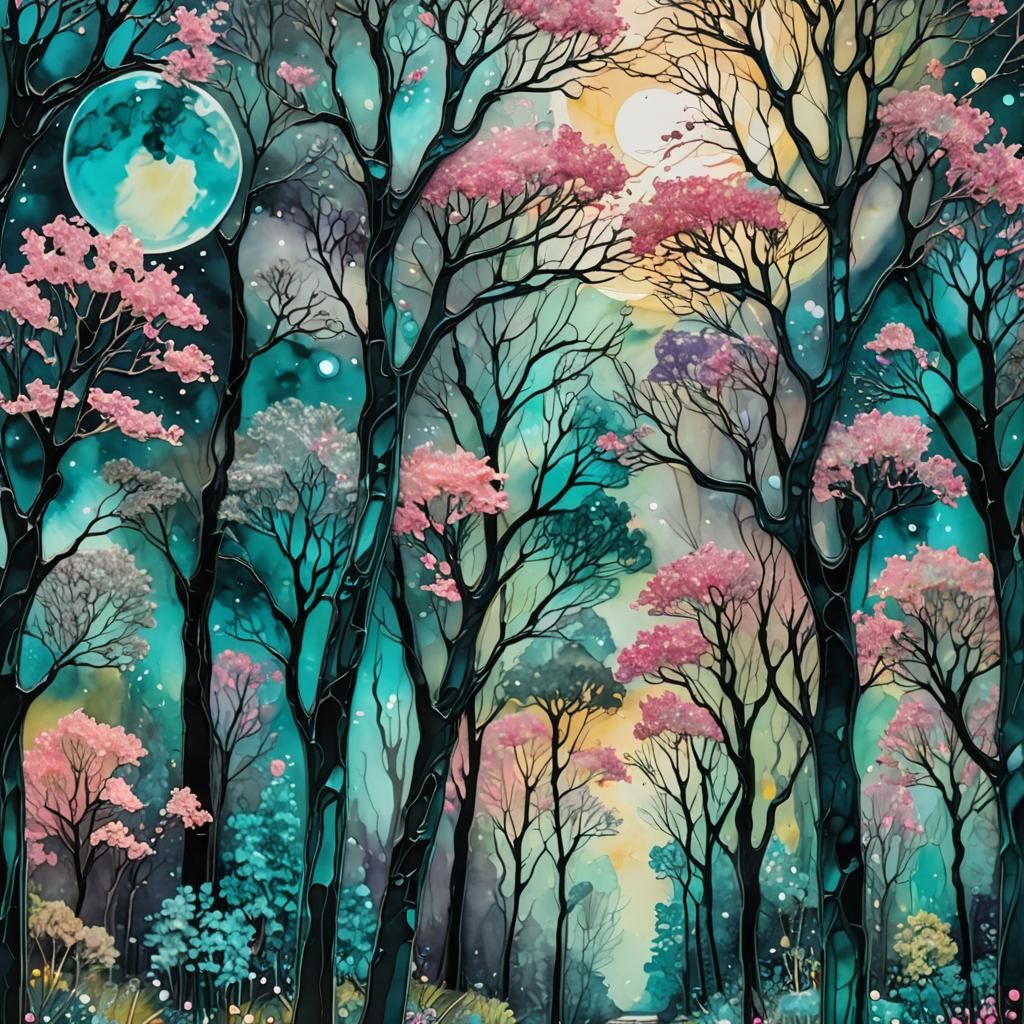 By Rebecca Vincent, Megan Duncanson, full moon behind arabesque forest trees, a narrow pathway glowing with moonlight :: alcohol ink, heavy...