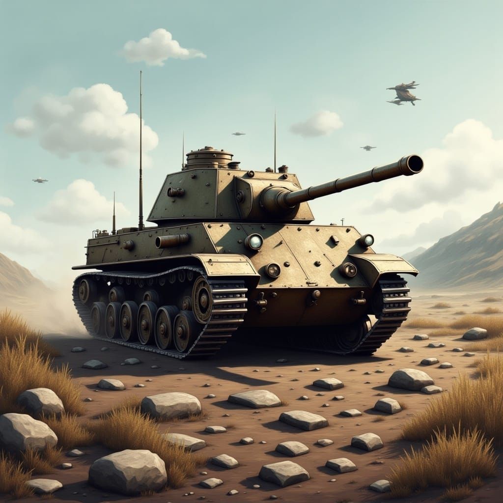  <lora:Dieselpunk Flux:1.0> A tank rolling along the countryside