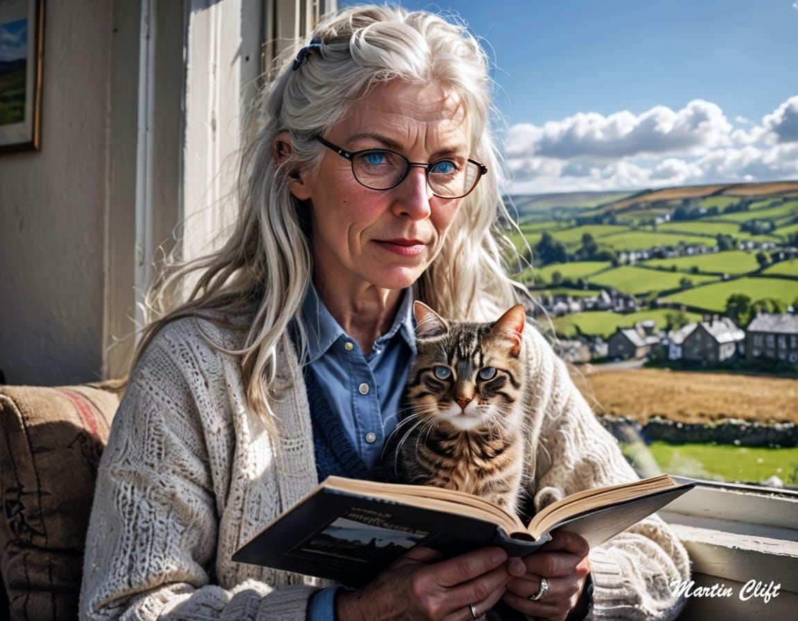 Reading by the window with a view of the Yorkshire Dales