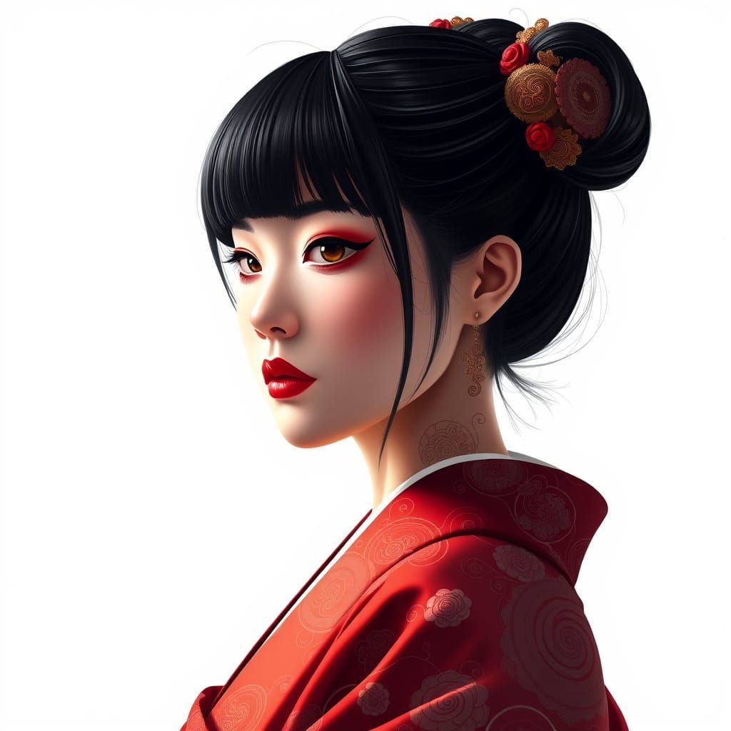 Surreal Traditional Japanese Portrait in Abstract Fractal St...