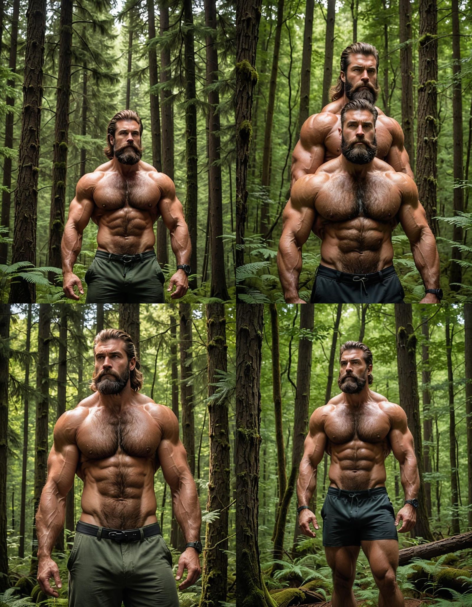 A very large handsome, bearded, hairy bodybuilder standing i...